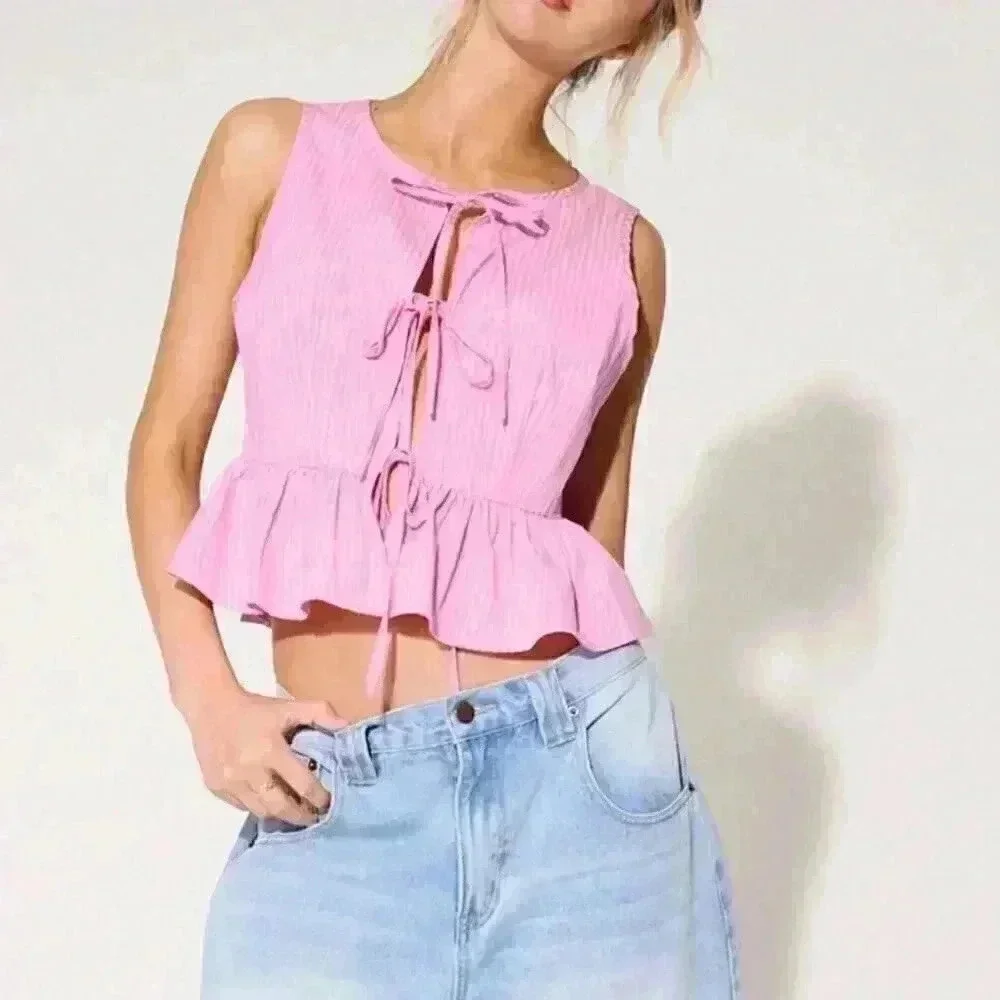 Pink Cute Women's Westfade Striped Tie Summer Front Bow Top - Picture 4 of 6